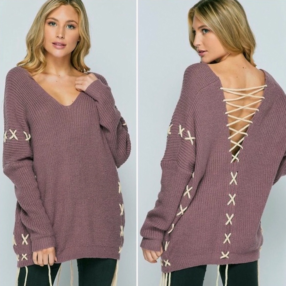 Dusty Mauve Lace Up Oversized Sweater 🎉HOST PICK🎉 - Picture 4 of 9
